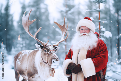 Santa Claus with reindeer in winter forest. Christmas and New Year concept.