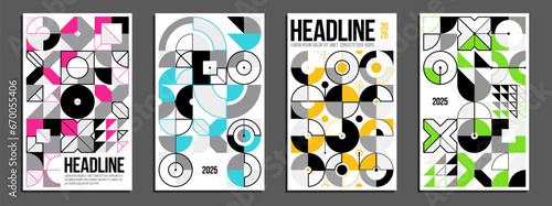 Abstract geometric posters and covers set, vector background pattern magazine or catalog templates, technic style geometric shapes composition.