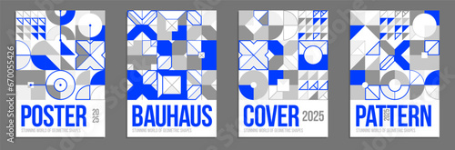 Abstract geometric posters and covers set, vector background pattern magazine or catalog templates, technic style geometric shapes composition.