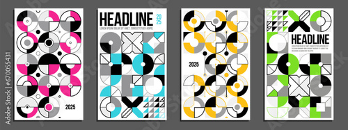 Abstract geometric posters and covers set, vector background pattern magazine or catalog templates, technic style geometric shapes composition.