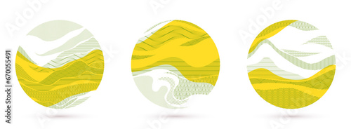 Abstract oriental Japanese art vector backgrounds set in yellow color in shape of circle, traditional style design, wavy shapes and mountains terrain landscape, runny like sea lines.