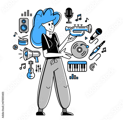 Music producer composing new track vector outline illustration, sound engineer doing his job in recording studio, composer creating audio mix.