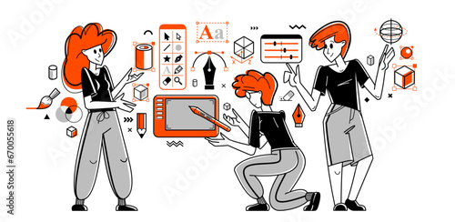 Graphic designers team working on some creative project vector outline illustration, inspired digital artists doing some visual job on pc software, composing and editing.