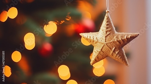 A New Year's toy hangs on the background of a Christmas tree. New Year background concept. Festive time.