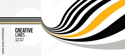 Future lines in 3D perspective vector abstract background, black and yellow linear composition, optical illusion op art.