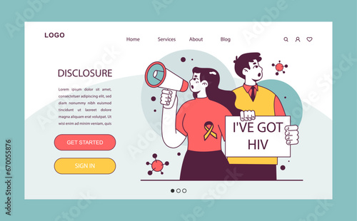World AiDs day web banner or landing page. HIV status disclosure. Immunodeficiency virus stigma break, treatment therapy. Dangerous disease awareness. Flat vector illustration