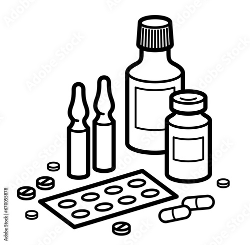 Medicine pharmacy theme medical bottles pills and ampules 3d vector illustration isolated, medicaments and drugs, health care meds cartoon, vitamins or antibiotics, simple linear design.