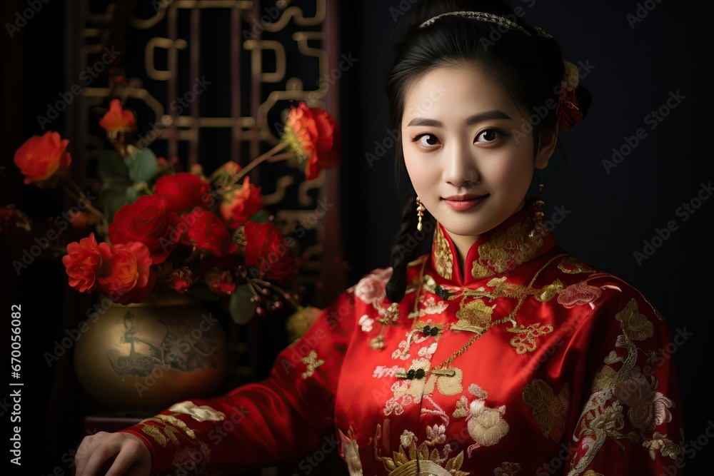 Young Chinese woman dressed in a traditional red dress, on a dark background with red flowers