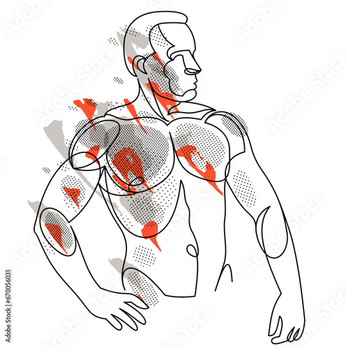 Linear drawing of a perfect body fit model man posing vector illustration isolated, muscular macho sexy guy with naked torso topless.