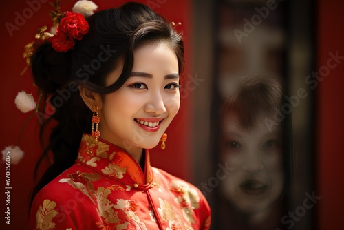 Portrait of a beautiful Chinese girl dressed in a traditional outfit to celebrate the Chinese New Year