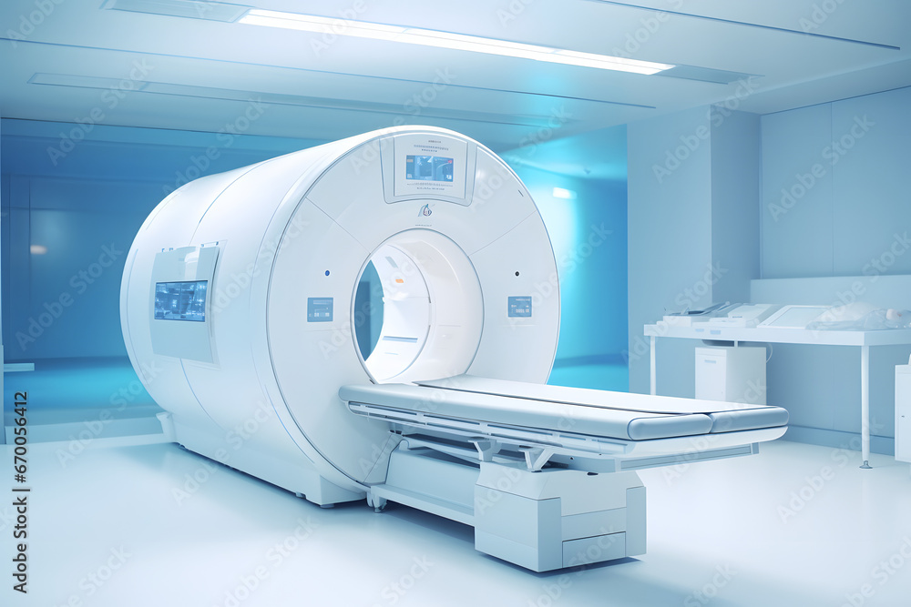 White MRI machine in a bright blue room - obrazy, fototapety, plakaty 
