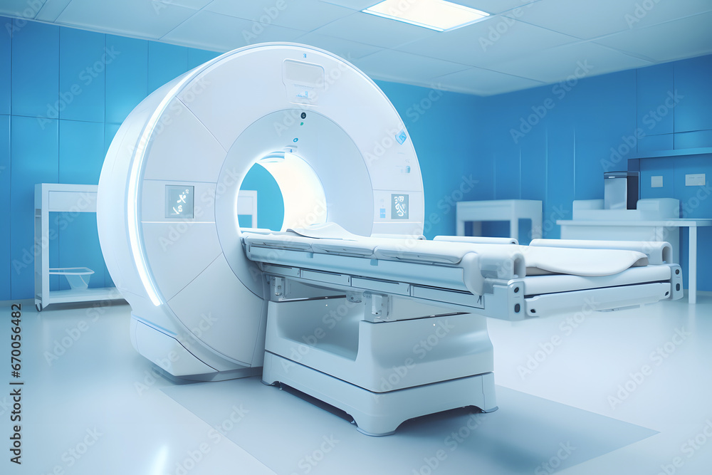 MRI machine in a blue illuminated room MRI machine in a blue illuminated room