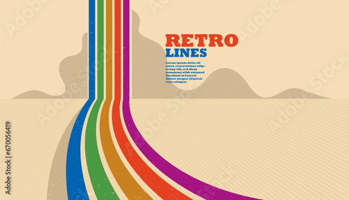 Linear vector abstract background in all colors of rainbow, retro style lines in 3D dimensional perspective, vintage poster art.