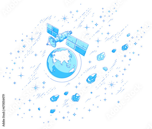 Satellite orbiting around earth, spaceflight, communication spacecraft space station with solar panels and satellite antenna plate, under asteroid rain and stars. Vector.