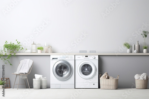washing machines in a clean organized neat utility laundry room or washing service room interior front view shot as wide banner mockup design with copy space area © arhendrix