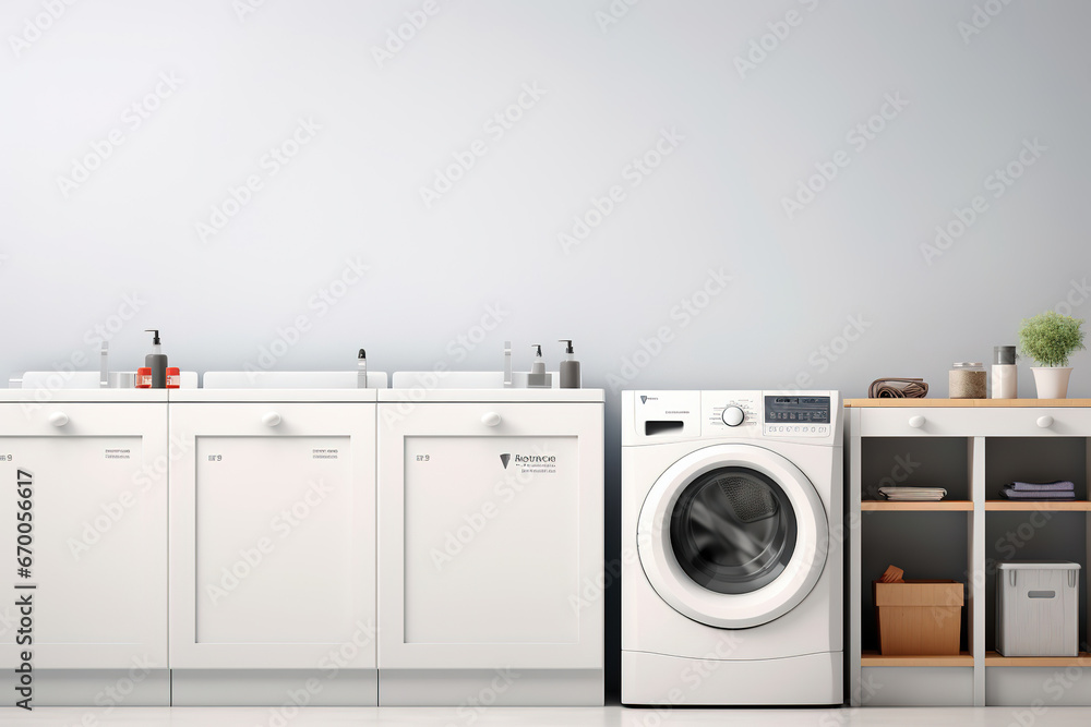 washing machines in a clean organized neat utility laundry room or washing service room interior front view shot as wide banner mockup design with copy space area - obrazy, fototapety, plakaty 