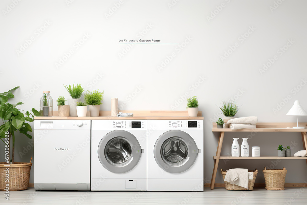 washing machines in a clean organized neat utility laundry room or washing service room interior front view shot as wide banner mockup design with copy space area - obrazy, fototapety, plakaty 