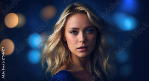 Beautiful young girl with blonde hair and blue eyes wearing a blue dress looking at the camera, blue bokeh background