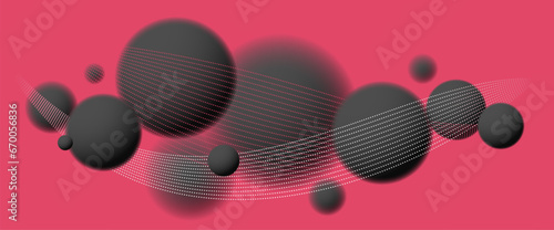 Blurred spheres over red vector abstract background, defocused balls levitating wallpaper.