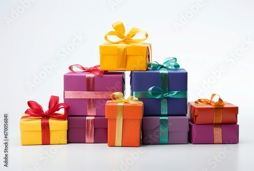 A vibrant stack of gift boxes adorned with ribbons and bows