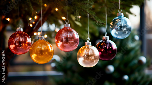 Colorful Christmas Glass baubles hanging from a christmas tree. Shallow field of view with copy space.