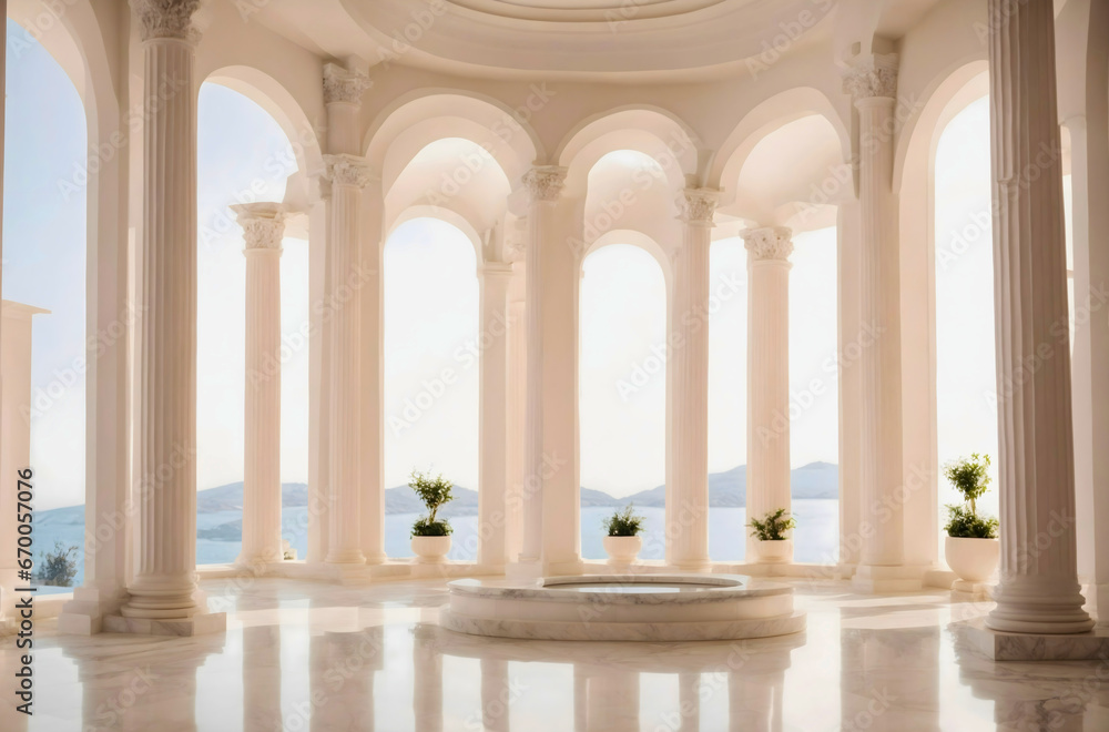 Obraz premium Beautiful antique white pillars made of stone reflecting on the shiny floor, mountains in the background. Vintage architecture