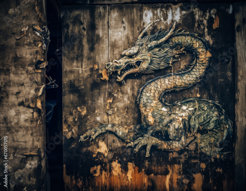 Wood dragon mural ancient wall, weathered background, Chinese zodiac art, cultural heritage. Generated AI.