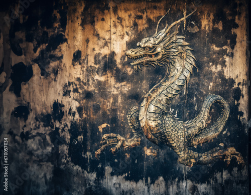 Wood dragon mural ancient wall, weathered background, Chinese zodiac art, cultural heritage. Generated AI.