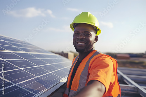 A worker in safety gear smiles near solar panels under clear skies