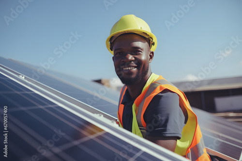 Portrait of a man in a yellow helmet and safety vest standing next to a solar panel.