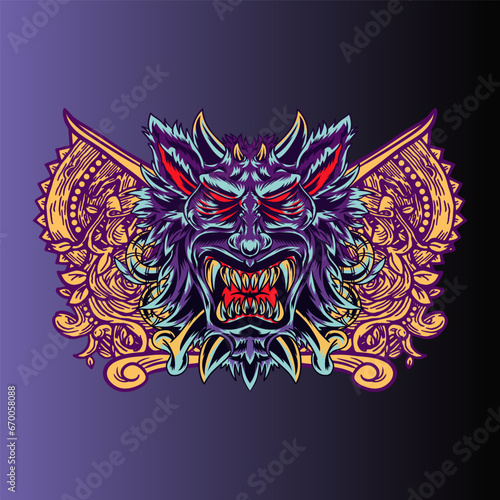 Aggressive wild demon beast head in colorful style vector illustration
