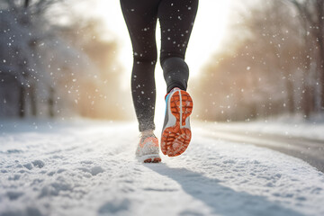 Back view of woman's legs with sport shoes jogging in snow