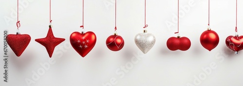 A festive display of red and white ornaments hanging from strings