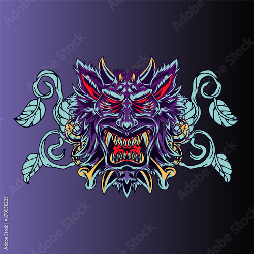 Aggressive wild demon beast head in colorful style vector illustration
