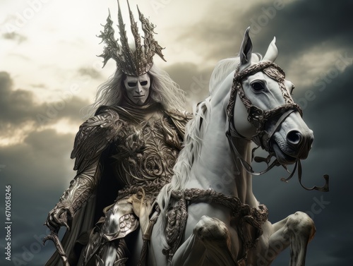 White horseman of apocalypse warrior in golden armor riding white horse AI