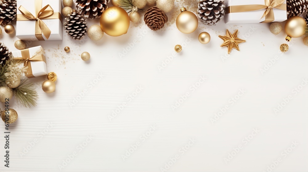 Naklejka premium Festive Holiday Delight, Gold and White Christmas Flat Lay Frame with Copy Space, Adorned with Presents, Pine Cones, and Christmas Ornaments, Christmas White Background 