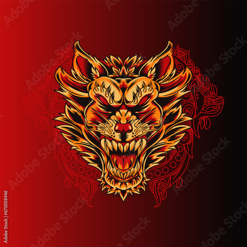 Aggressive wild demon beast head in colorful style vector illustration