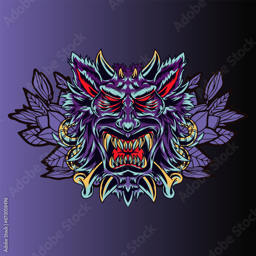 Aggressive wild demon beast head in colorful style vector illustration