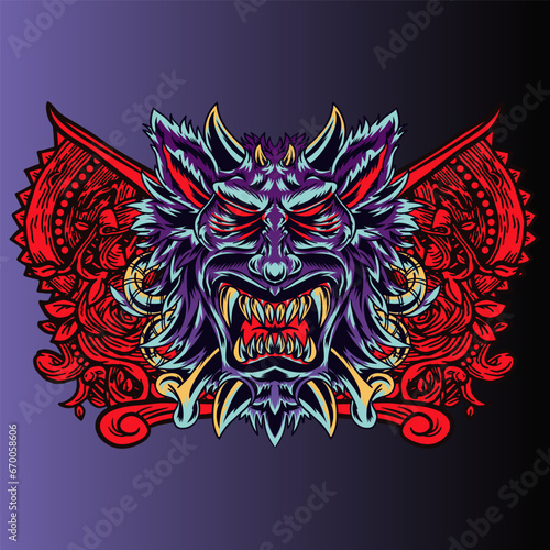 Aggressive wild demon beast head in colorful style vector illustration