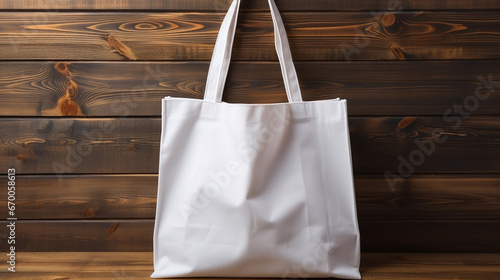 Illustration of an eco-friendly white shopper bag on a wooden background. Recycling. Wallpaper. photo