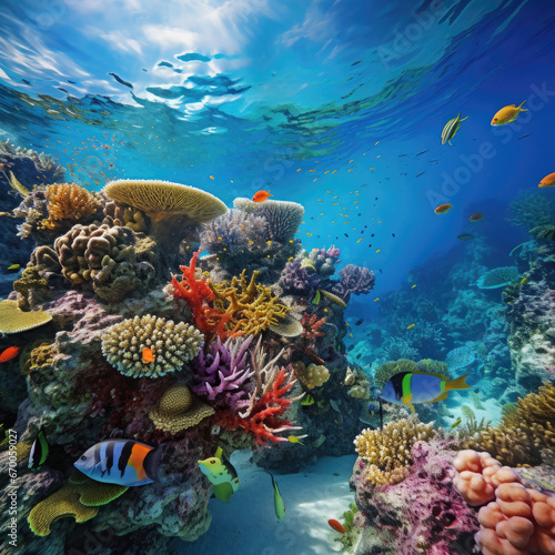 Buntes Unterwasser-Korallenriff mit exotischen Meeresbewohnern © Remo