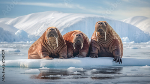 Concept of the problem of climate change, global warming and melting of glaciers. A group of brown fat walruses are sitting on an ice floe in the middle of the ocean. Generative AI.