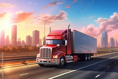 semi truck driving on the highway for logistics and supply chains cargo delivery services as wide banner design with copyspace area photo