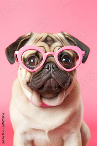 Cute Pug dog with glasses on pastel pink background