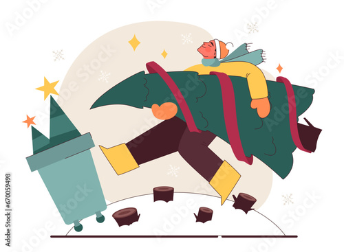 Christmas' negative impact on environment. Man throwing away a Christmas tree after holidays. Deforestation ecological problem. Negative sides of festive traditions. Flat vector illustration