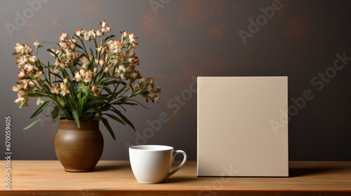 Illustration of an empty blank paper beige card, pot of flowers, and a cup of coffee on a wooden table. Poster or flyer mockup or template for custom design. Wallpaper, background. photo