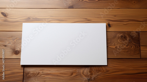 Illustration of an empty blank paper white card on a wooden table. Poster or flyer mockup or template for custom design. Wallpaper, background.