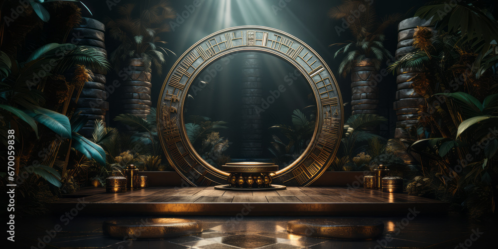 Ancient golden product display podium with jungle background. - obrazy, fototapety, plakaty 