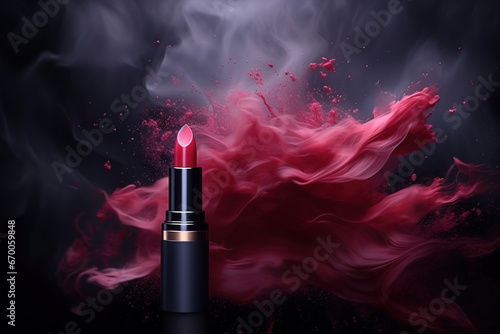 red or pink lipstick on dark background and copyspace, digital artwork with matte painting