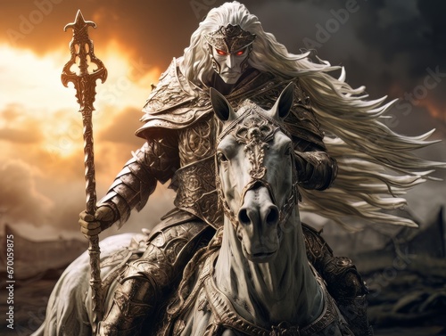 White horseman of apocalypse warrior in golden armor riding white horse AI photo